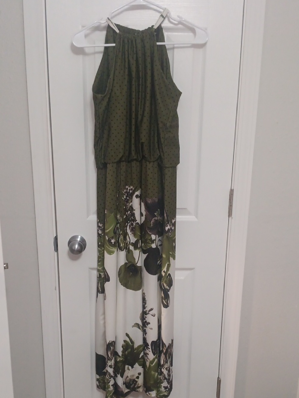 Olive Green and White Floral Halter Maxi Dress